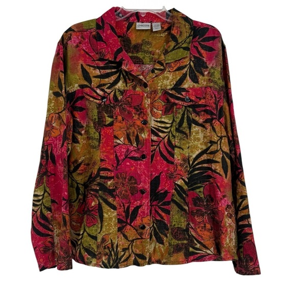 Chico's Jackets & Blazers - Chico's Womens 100% Linen Floral Button Up Jacket Size 2 (L) Long Sleeves